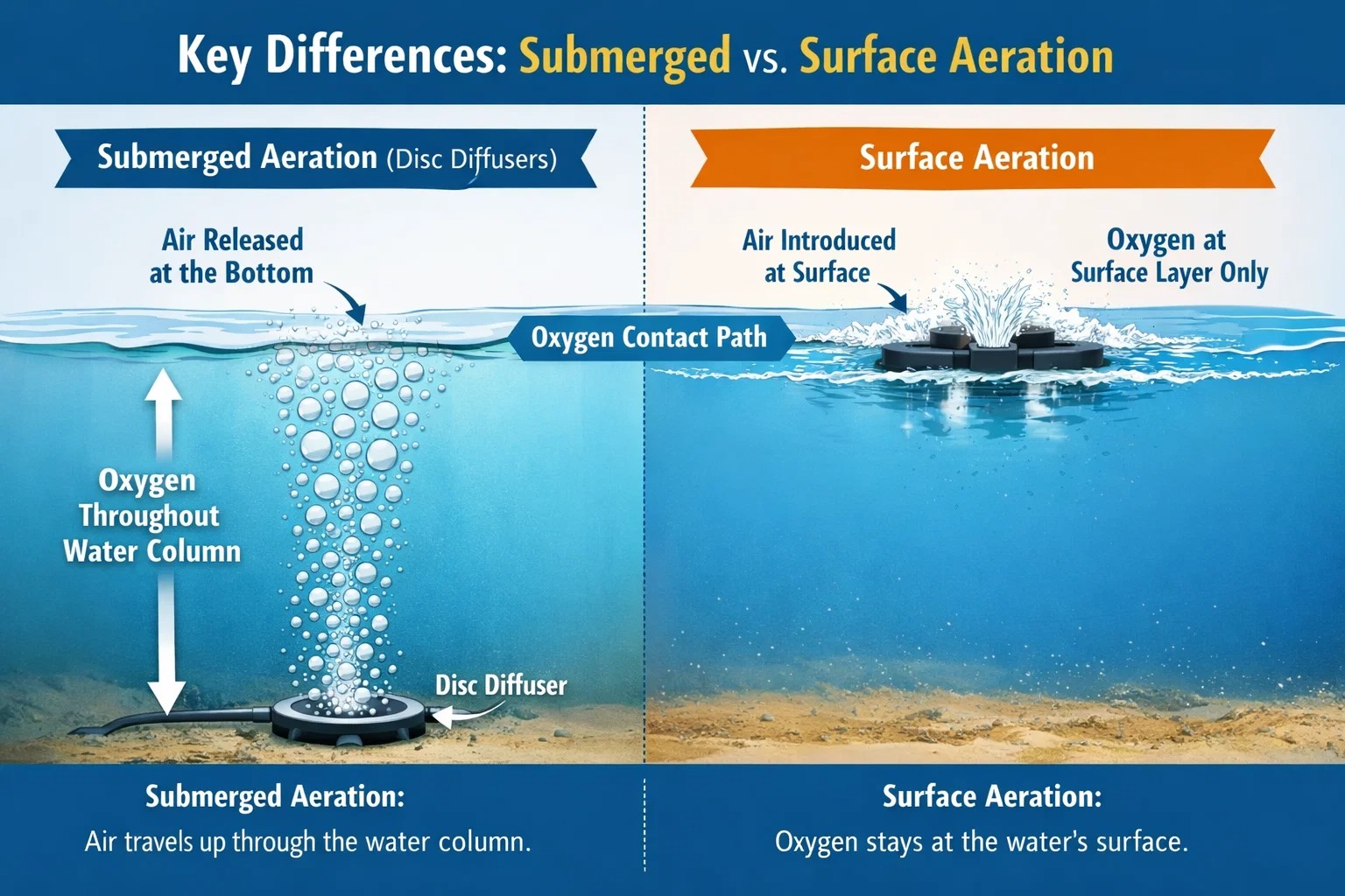 เครื่องกระจายอากาศแบบดิสก์เทียบกับเครื่องเติมอากาศบนพื้นผิว: เหตุใดการเติมอากาศแบบจุ่มใต้น้ำจึงชนะสำหรับระบบ MBR