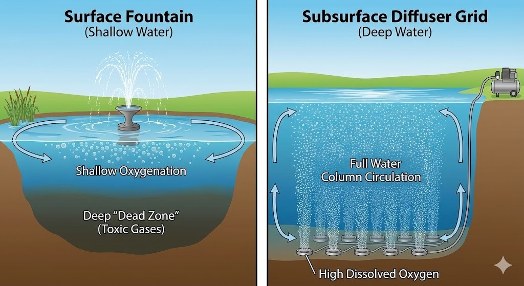การเติมอากาศในทะเลสาบและบ่อ: คู่มือระดับมืออาชีพในการเลือกระบบและเครื่องกระจายอากาศ